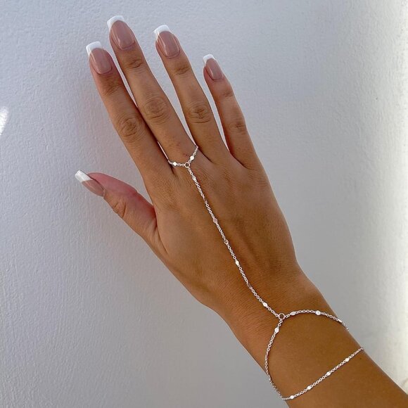 Silver Dainty Plated Stackable Link Chain Ring Bracelet Hand Chain for Women - Picture 2 of 7